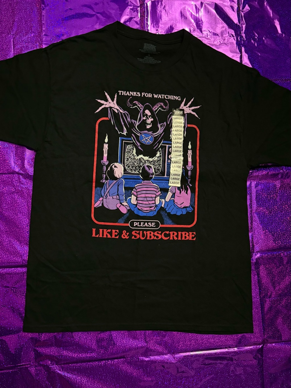 Black Graphic Short Sleeve Tee with 'Like & Subscribe' Print